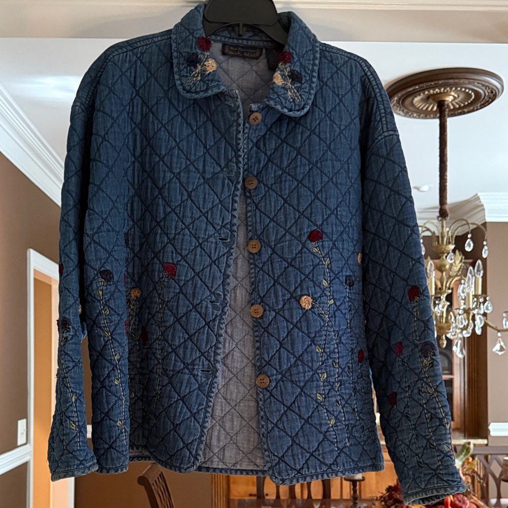 New Directions Blue Quilted Jacket with Floral Embroidery